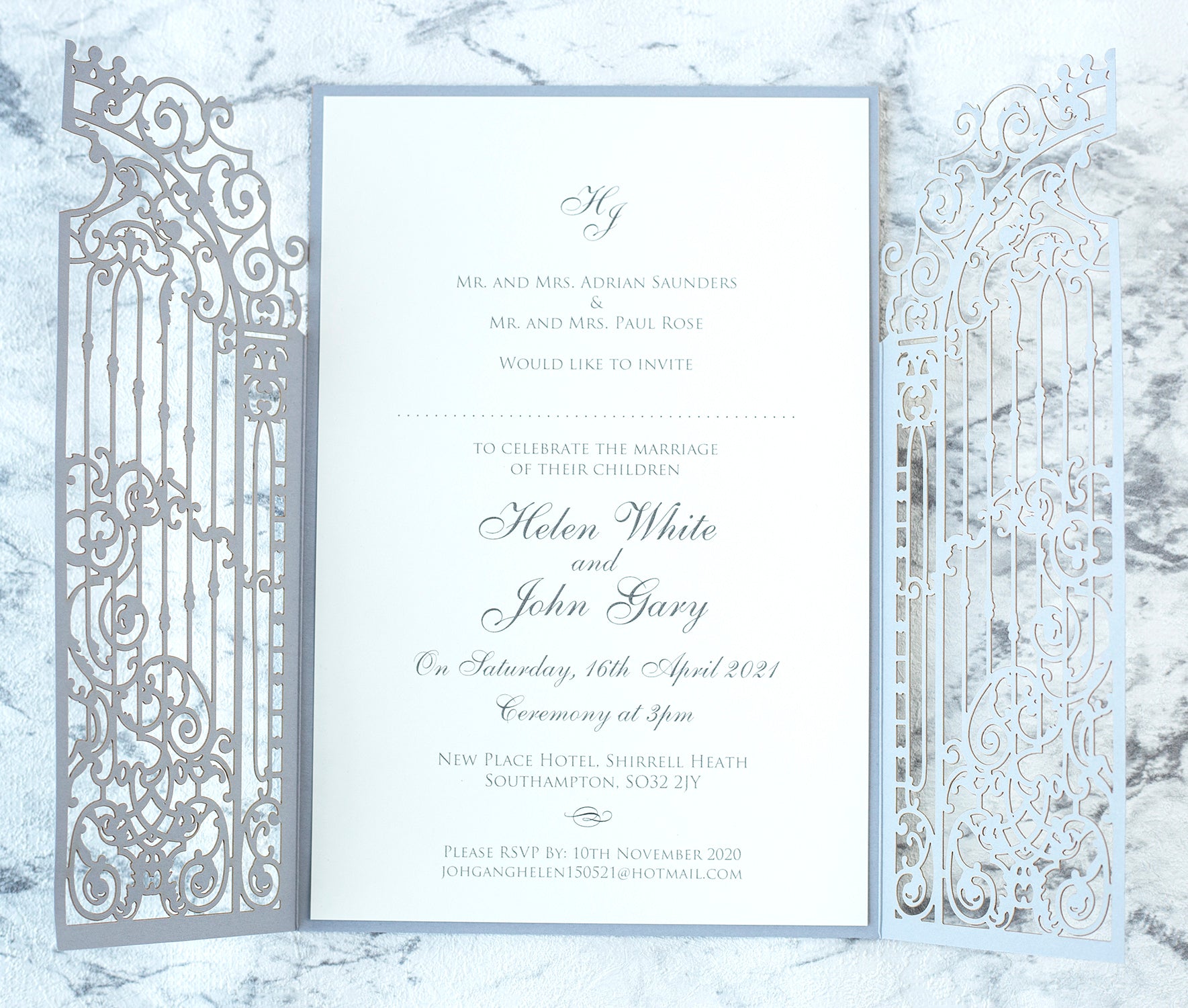 Elegant Gray Monogram Ornamental Gatefold Laser Cut Wedding Day Invitation with Gold Foil