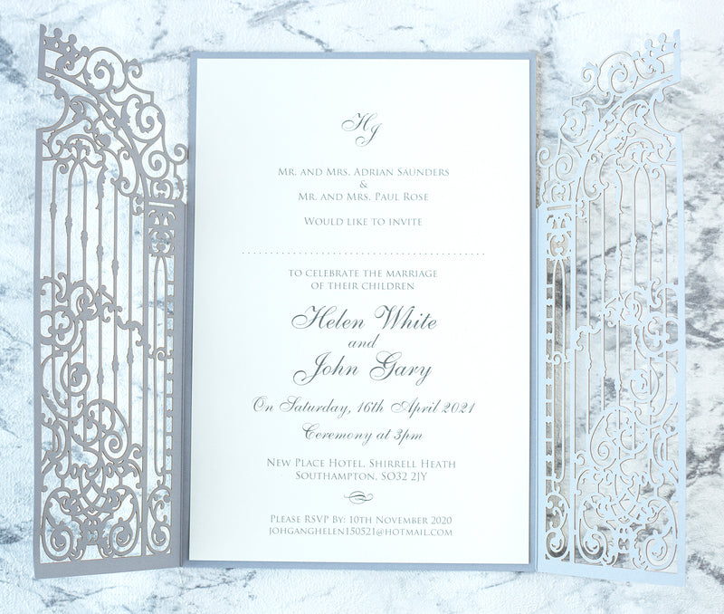 Elegant Gray Monogram Ornamental Gatefold Laser Cut Wedding Day Invitation with Gold Foil