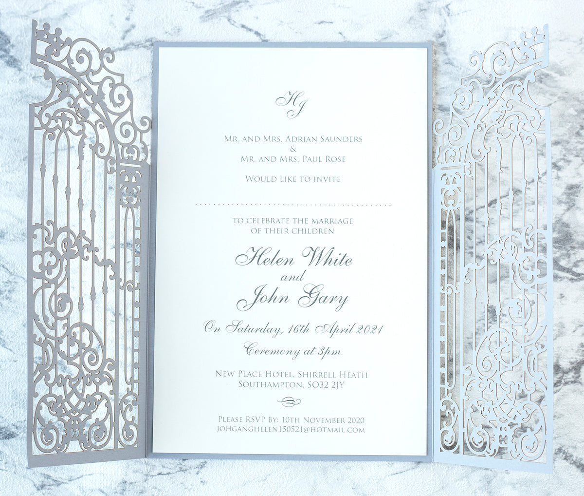 Personalised Elegant Gray Monogram Ornamental Gatefold Laser Cut Wedding Day Invitation with Gold Foil