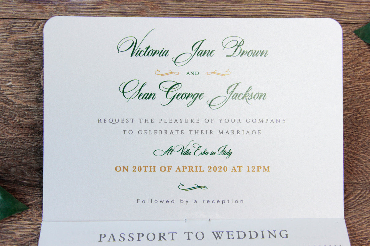 Green Wedding Invitation Passport Luxury Gold Foil and Boarding Pass Invite suite