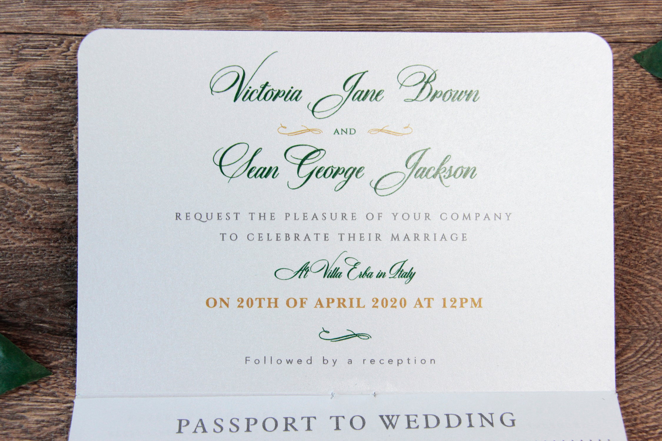 Green Wedding Invitation Passport Luxury Gold Foil and Boarding Pass Invite suite