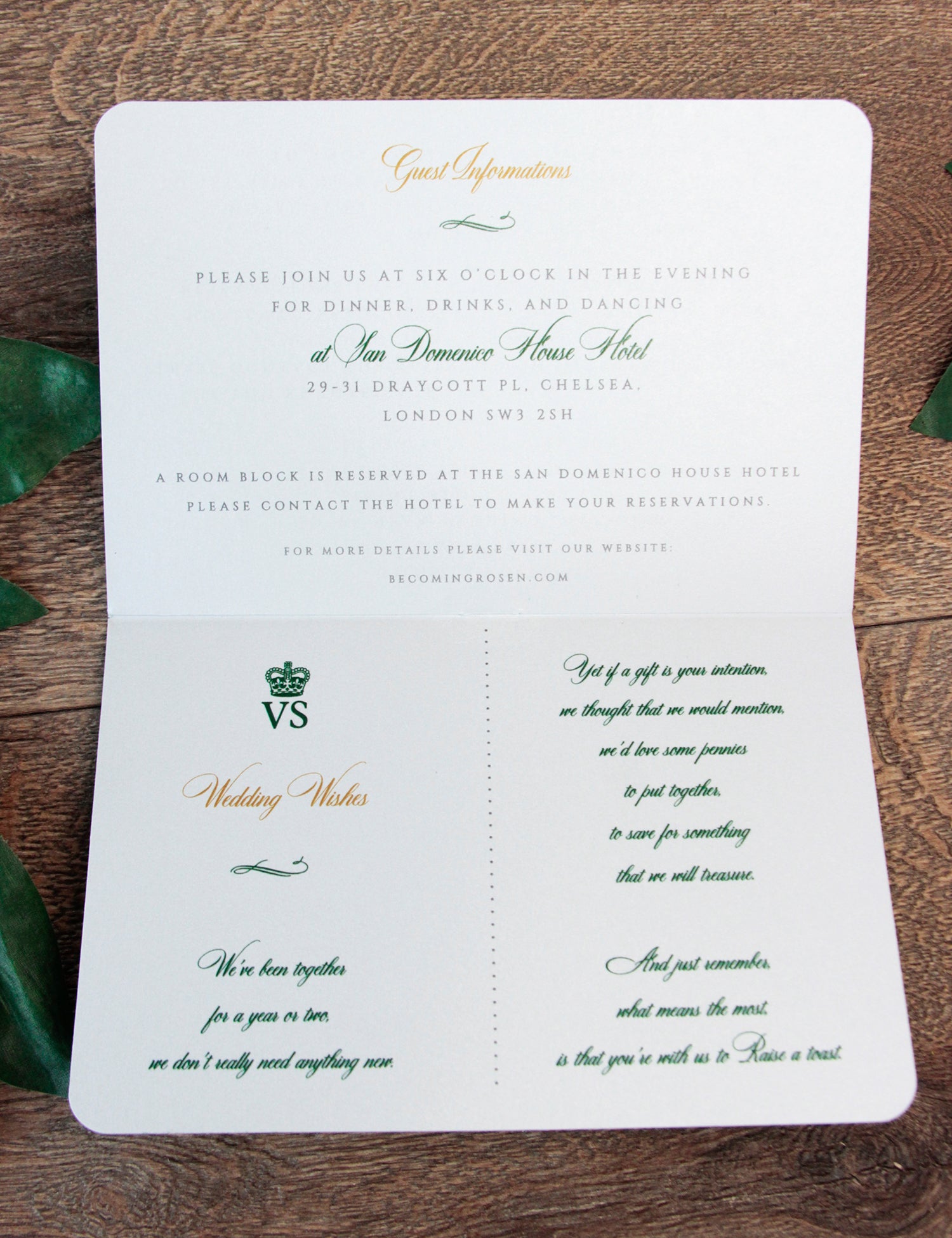 Green Wedding Invitation Passport Luxury Gold Foil and Boarding Pass Invite suite