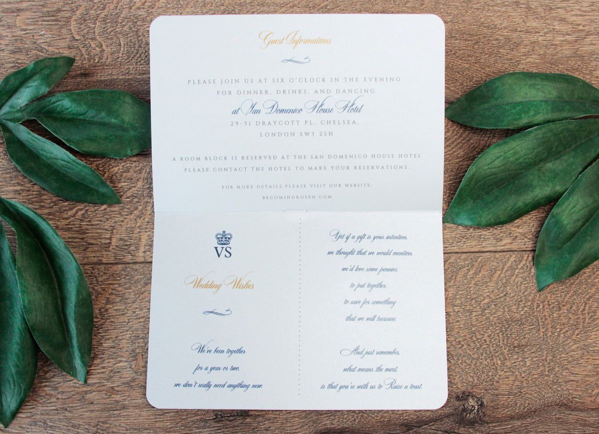 Navy Wedding Invitation Passport Luxury Gold Foil and Boarding Pass Invite suite
