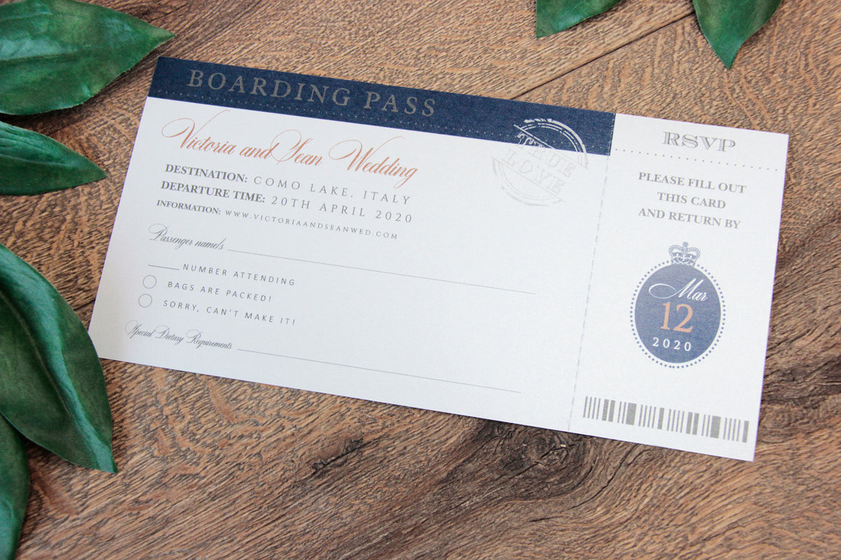 Navy Wedding Invitation Passport Luxury Gold Foil and Boarding Pass Invite suite