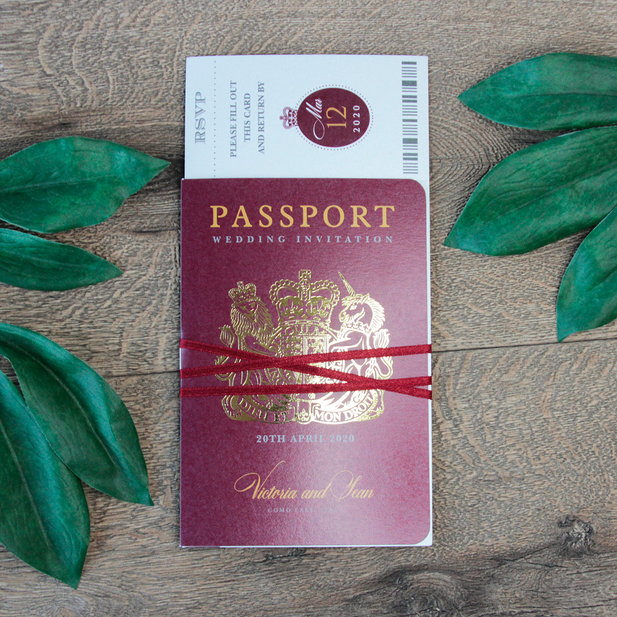 Red Wedding Invitation Passport Luxury Gold Foil and Boarding Pass Invite suite