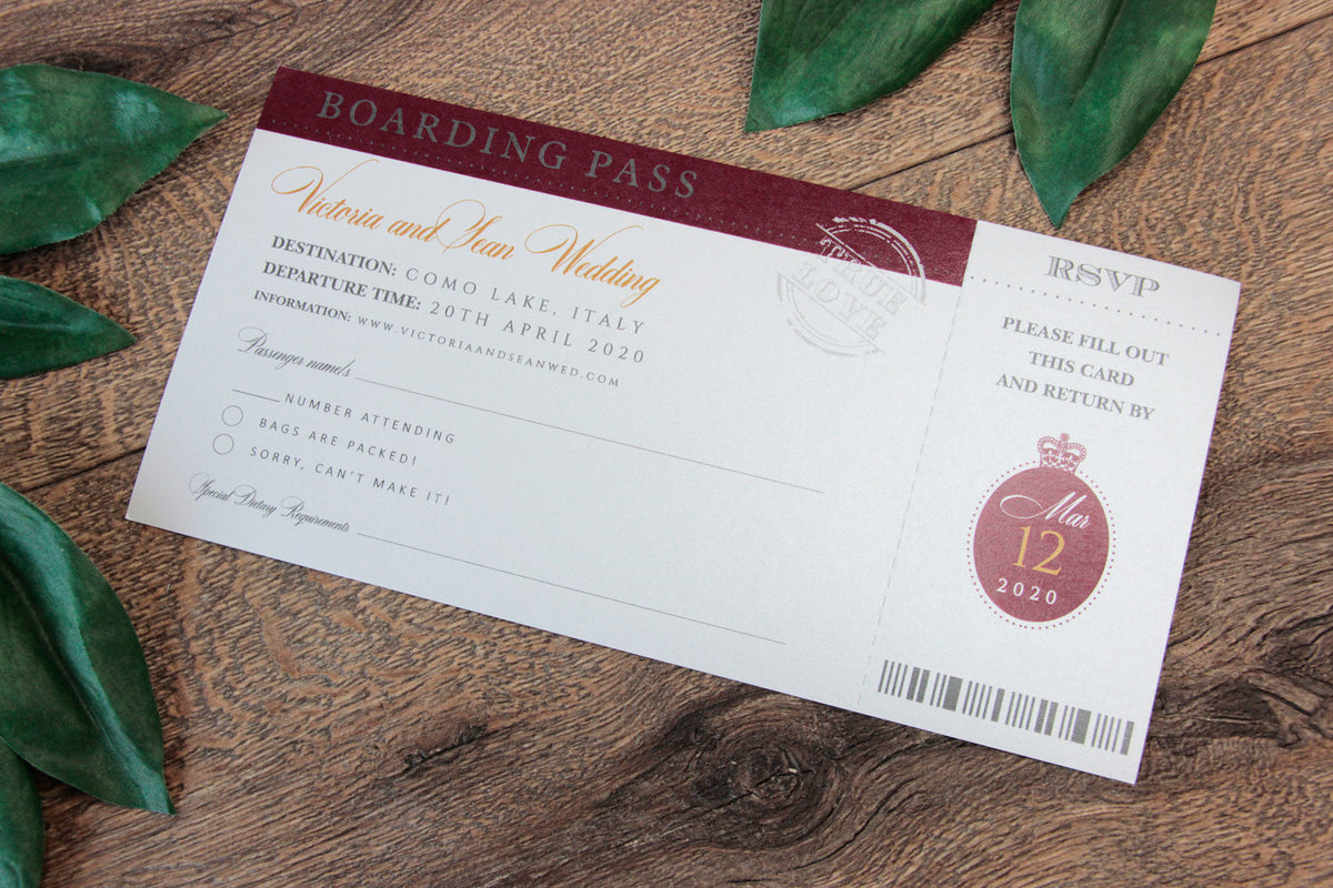 Red Wedding Invitation Passport Luxury Gold Foil and Boarding Pass Invite suite