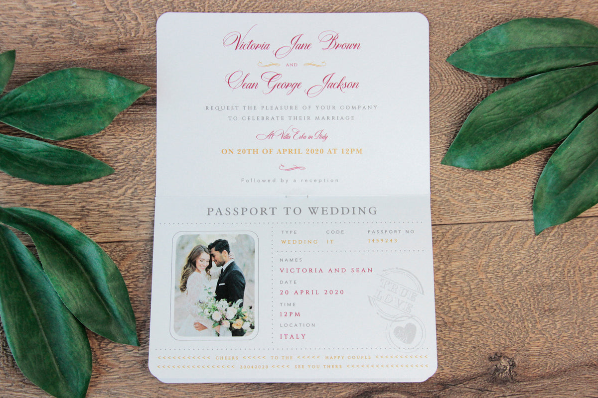 Red Wedding Invitation Passport Luxury Gold Foil and Boarding Pass Invite suite