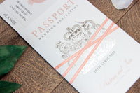 White Wedding Invitation Passport Luxury Silver Foil and Boarding Pass Invite suite