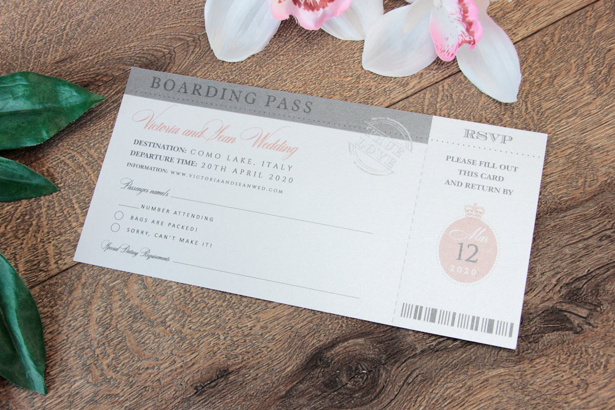 White Wedding Invitation Passport Luxury Silver Foil and Boarding Pass Invite suite