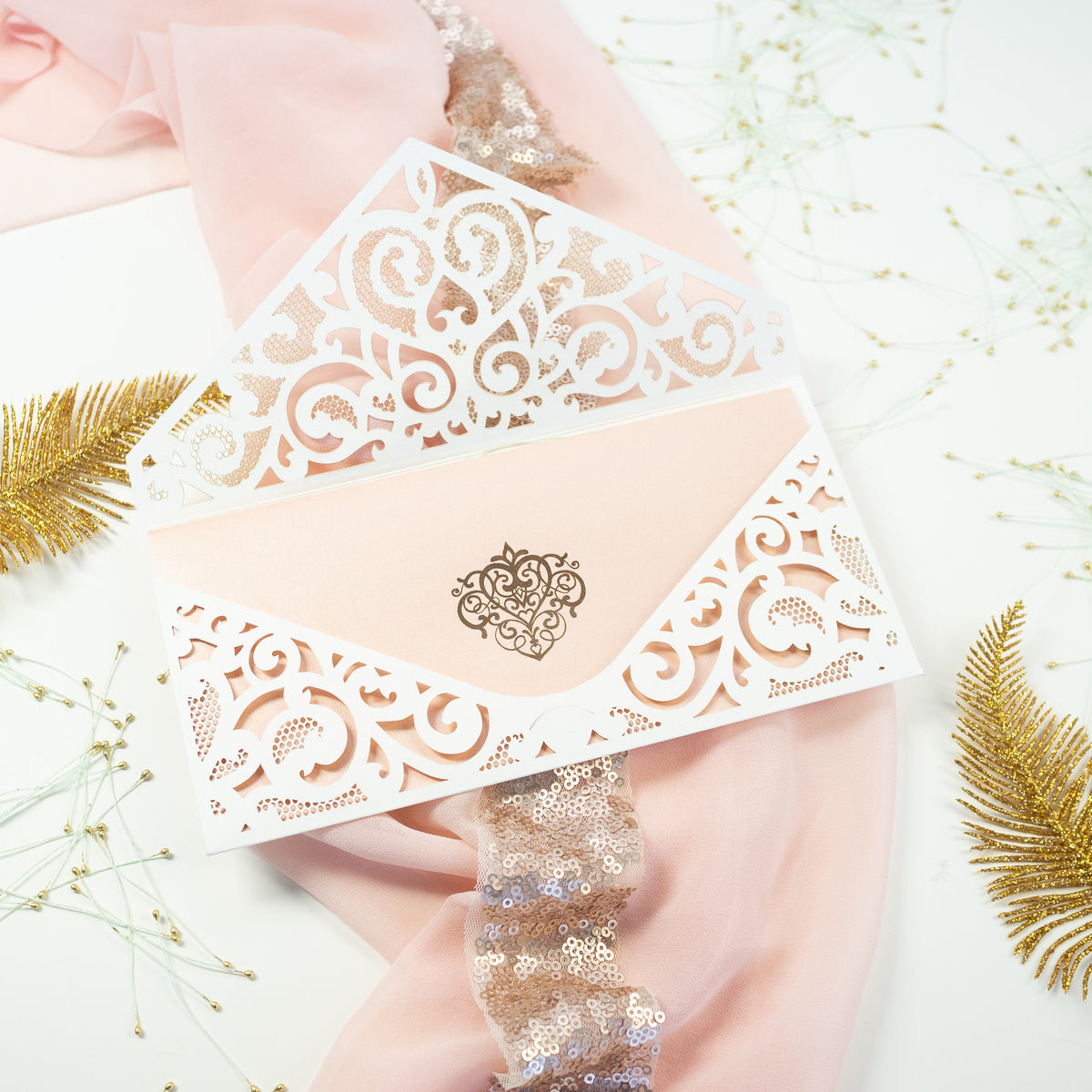 White Pocket Inivtation With Peachy Insert Rose Gold Foil Ornament