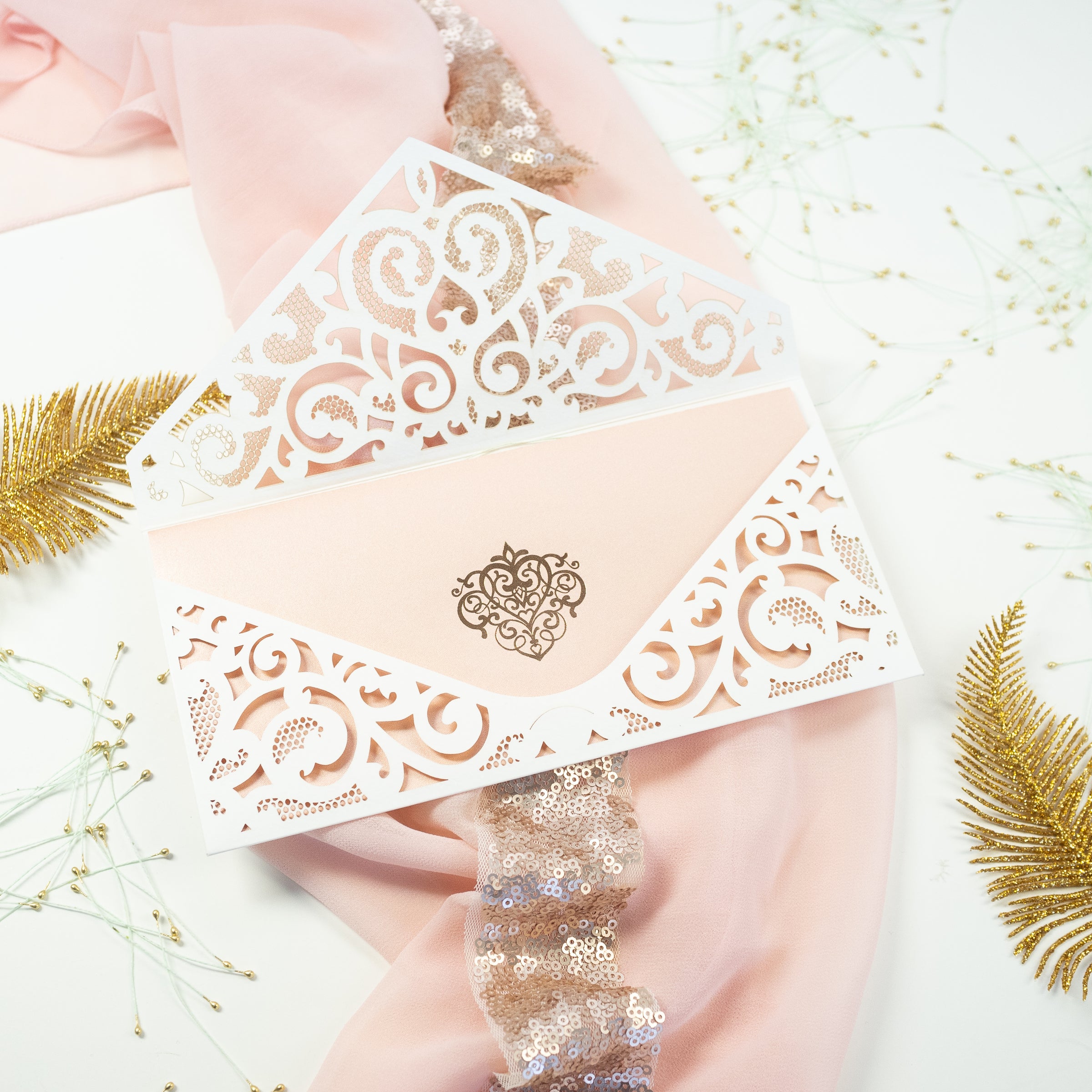 White Pocket Inivtation With Peachy Insert Rose Gold Foil Ornament