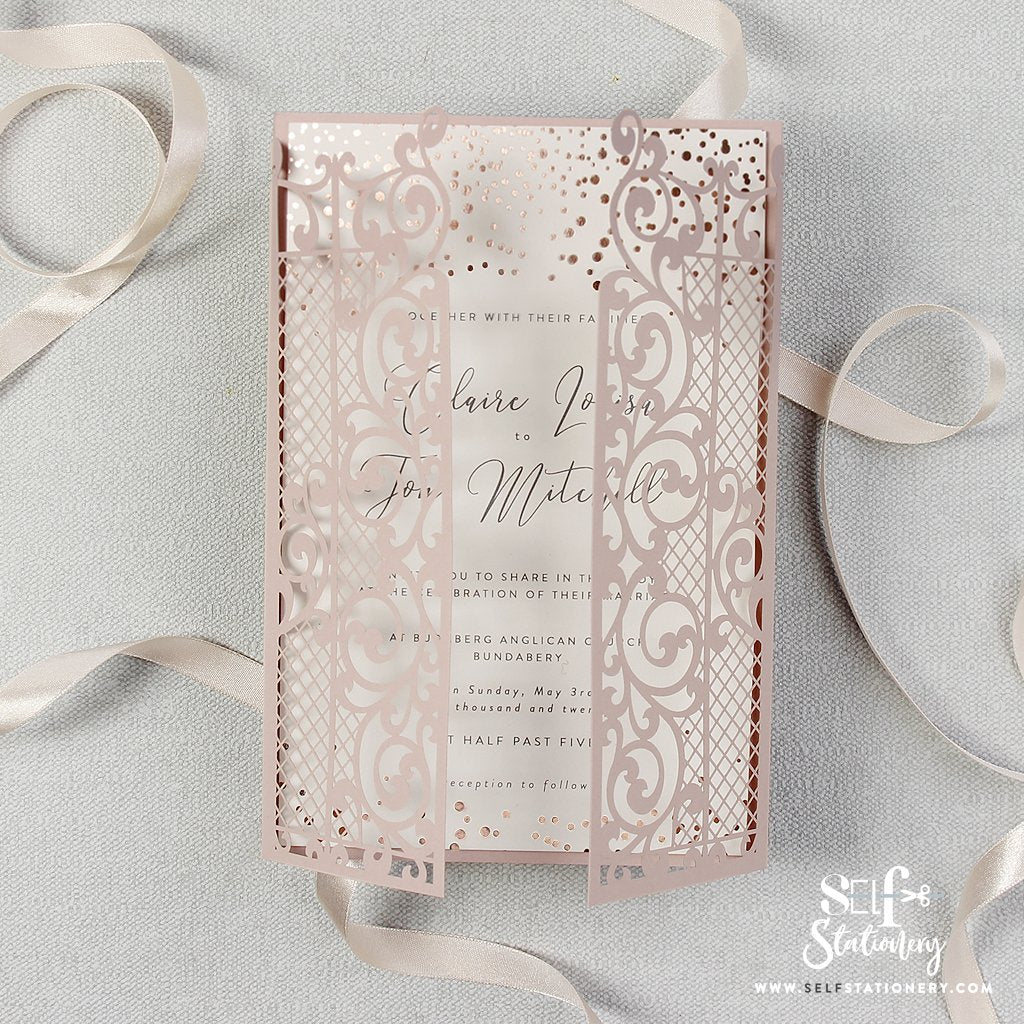 Ornamental Gate Misty Rose Laser Cut Invitations Rose Gold Foil Confetti