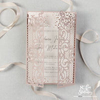 Ornamental Gate Misty Rose Laser Cut Invitations Rose Gold Foil Confetti
