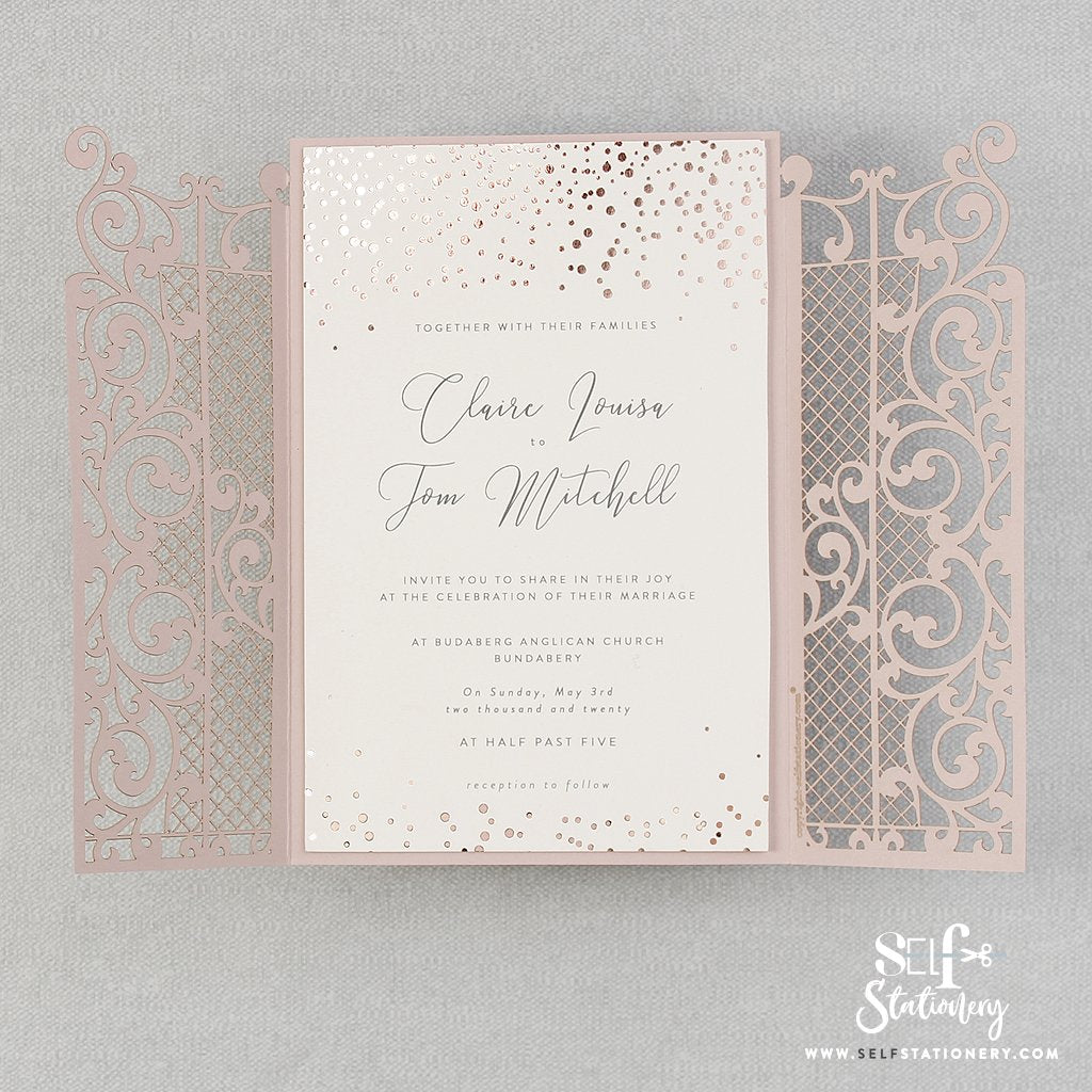 Ornamental Gate Misty Rose Laser Cut Invitations Rose Gold Foil Confetti
