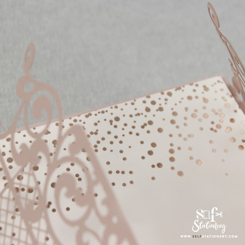 Ornamental Gate Misty Rose Laser Cut Invitations Rose Gold Foil Confetti