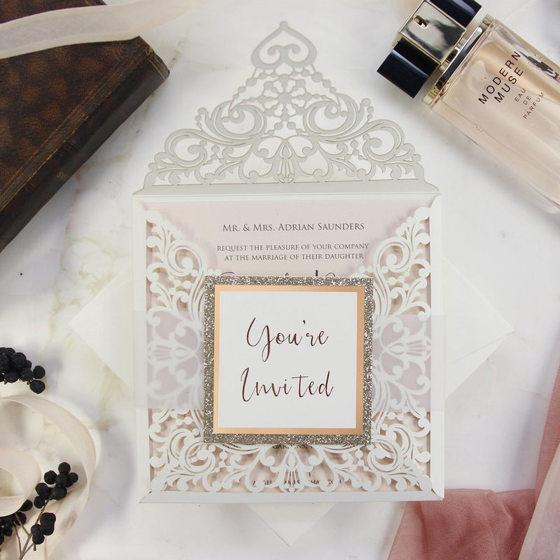 Lace Elegant Square Wedding Invitations with Gold Glitter