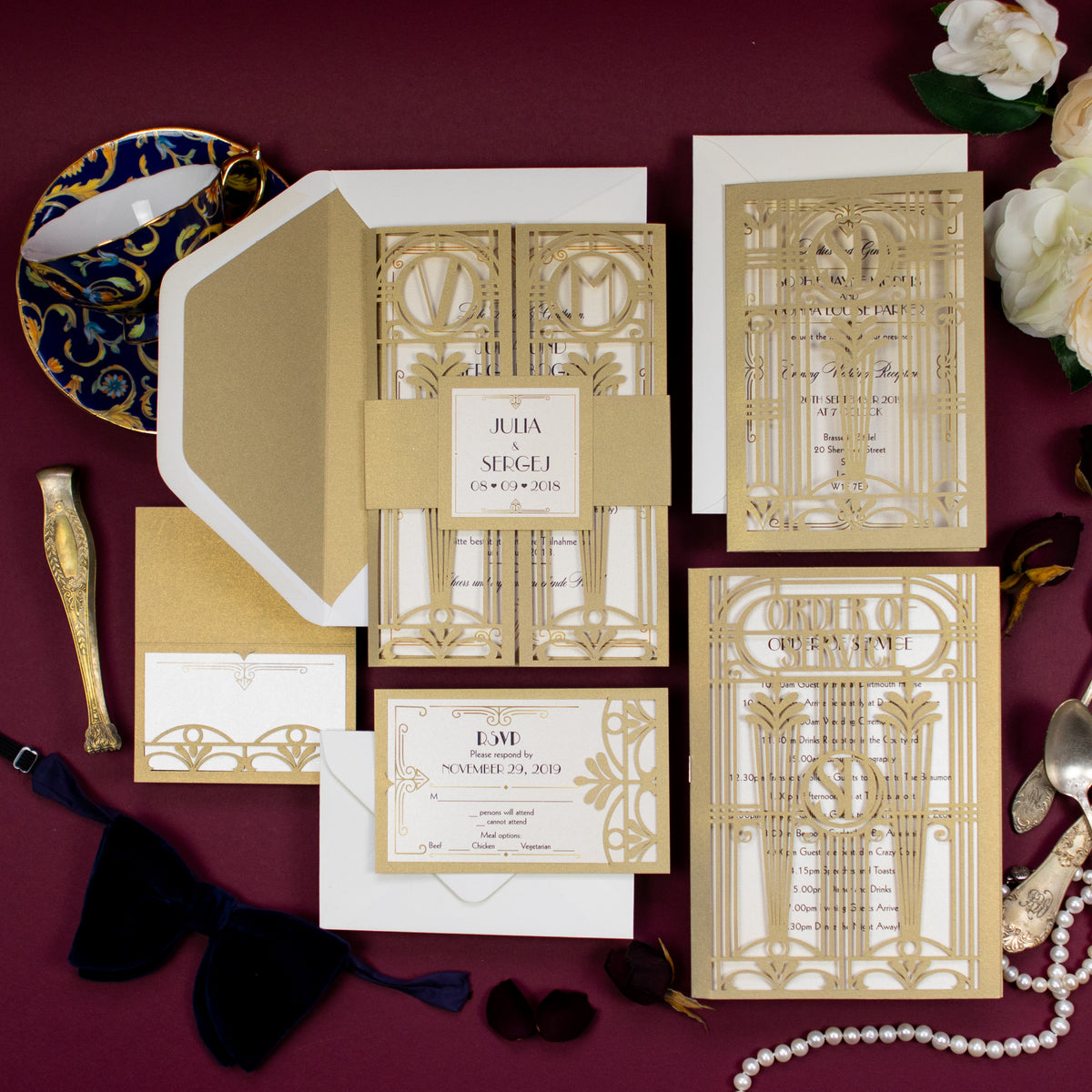 Golden Art Deco Great Gatsby Laser Cut Gatefold Wedding Day Invitation