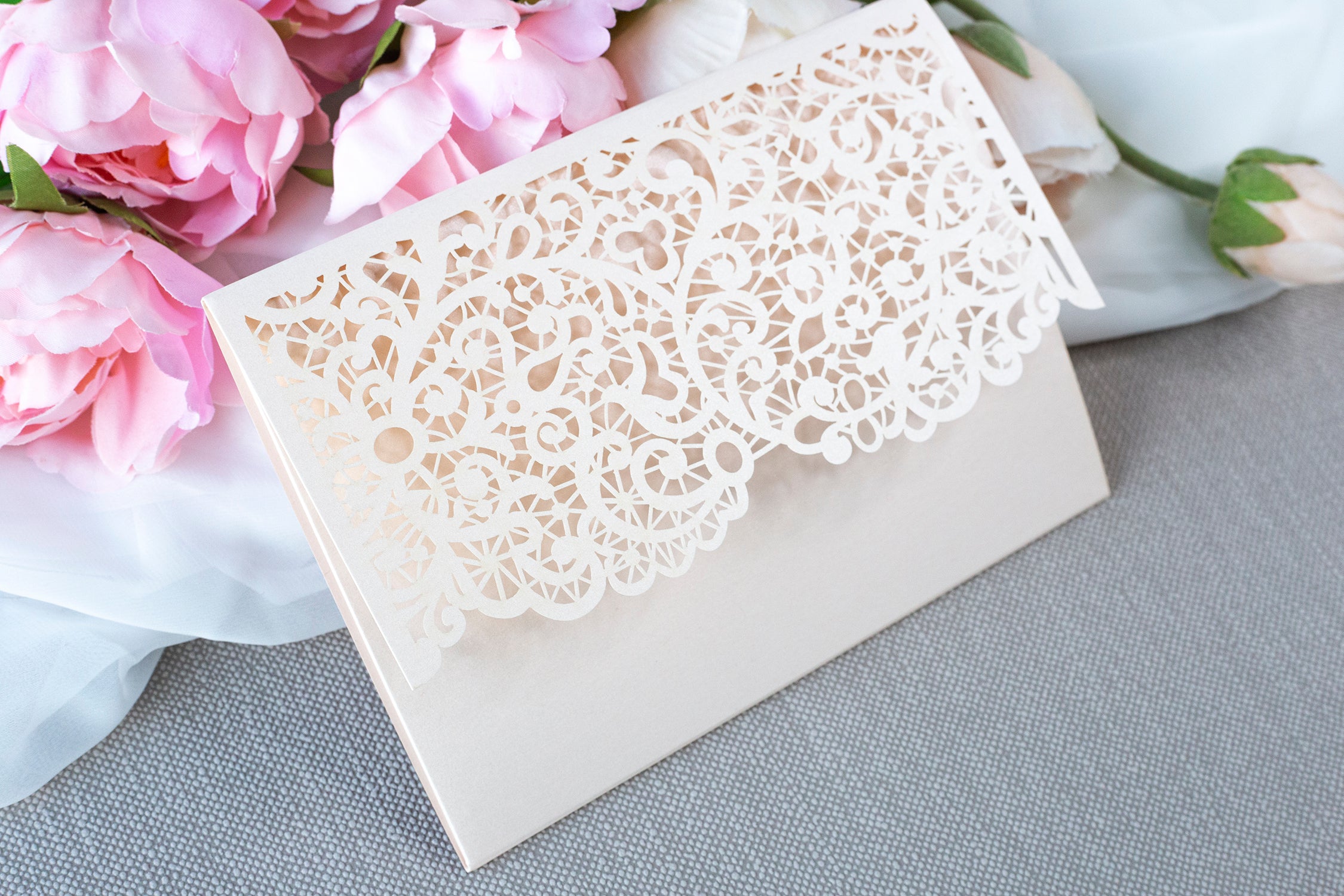 Peach Pocketfold Lace Floral Wedding Invitations