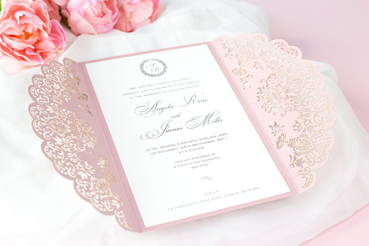 Stunning Personalised Laser Cut Pink Pearlised Wedding Day Invitations with Satin Ribbon & Pink Envelope - Full printing - Limited Edition