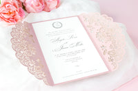 Stunning Personalised Laser Cut Pink Pearlised Wedding Day Invitations with Satin Ribbon & Pink Envelope - Full printing - Limited Edition