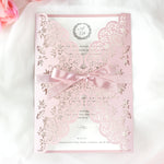 Stunning Personalised Laser Cut Pink Pearlised Wedding Day Invitations with Satin Ribbon & Pink Envelope - Full printing - Limited Edition
