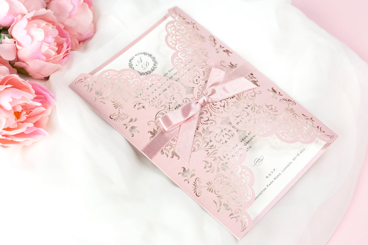 Stunning Personalised Laser Cut Pink Pearlised Wedding Day Invitations with Satin Ribbon & Pink Envelope - Full printing - Limited Edition