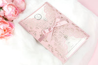 Stunning Personalised Laser Cut Pink Pearlised Wedding Day Invitations with Satin Ribbon & Pink Envelope - Full printing - Limited Edition