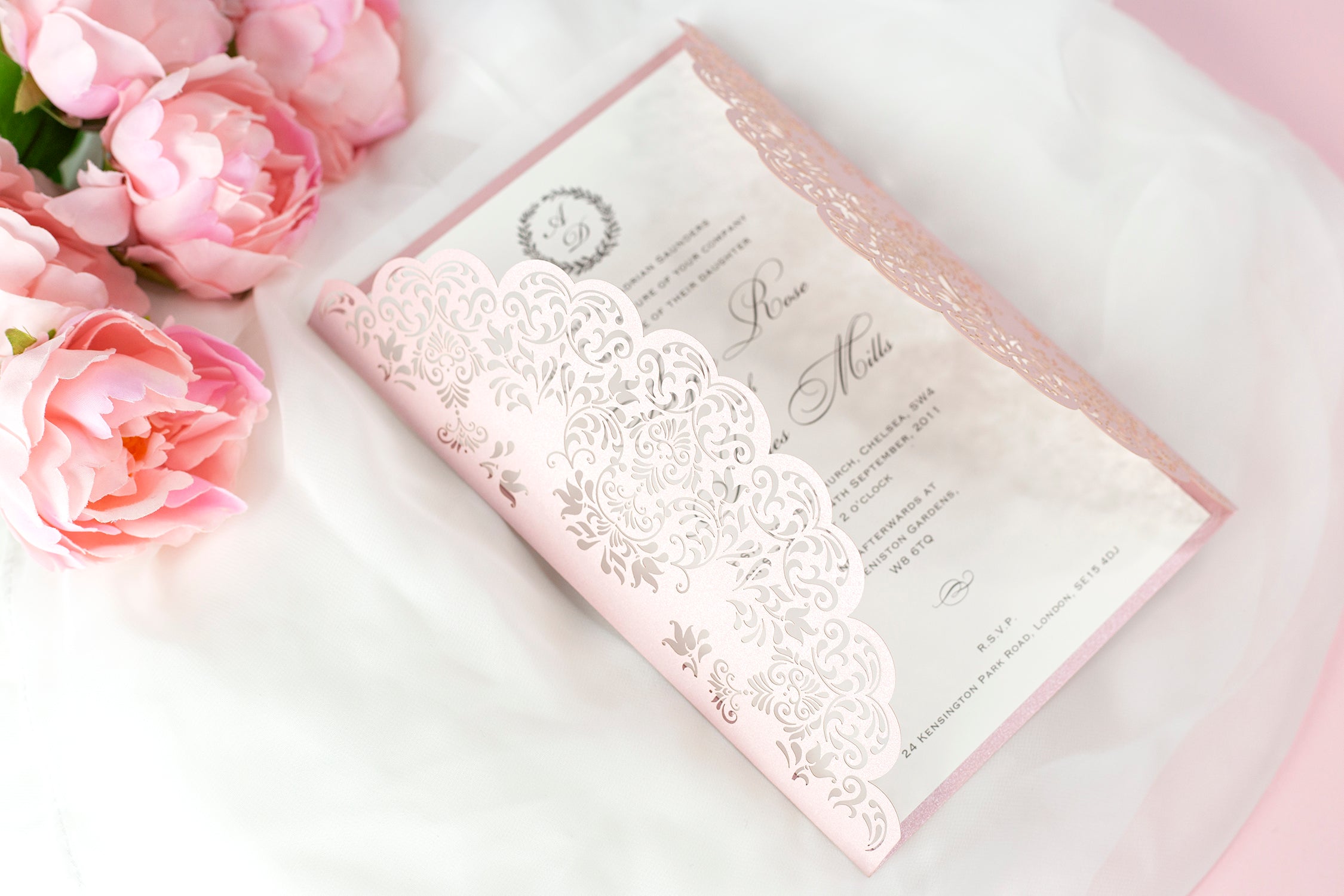Stunning Personalised Laser Cut Pink Pearlised Wedding Day Invitations with Satin Ribbon & Pink Envelope - Full printing - Limited Edition