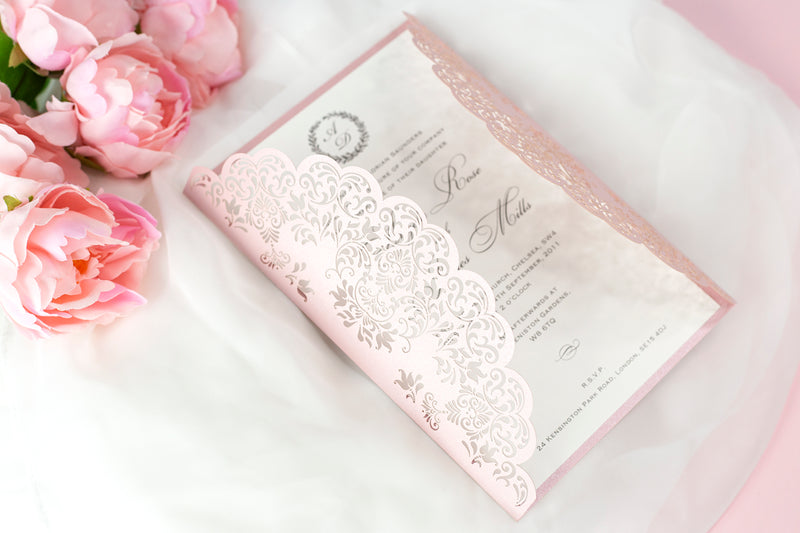 Stunning Personalised Laser Cut Pink Pearlised Wedding Day Invitations with Satin Ribbon & Pink Envelope - Full printing - Limited Edition