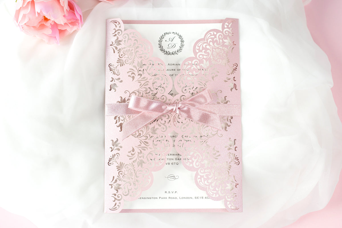 Stunning Personalised Laser Cut Pink Pearlised Wedding Day Invitations with Satin Ribbon & Pink Envelope - Full printing - Limited Edition