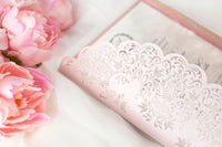 Stunning Personalised Laser Cut Pink Pearlised Wedding Day Invitations with Satin Ribbon & Pink Envelope - Full printing - Limited Edition