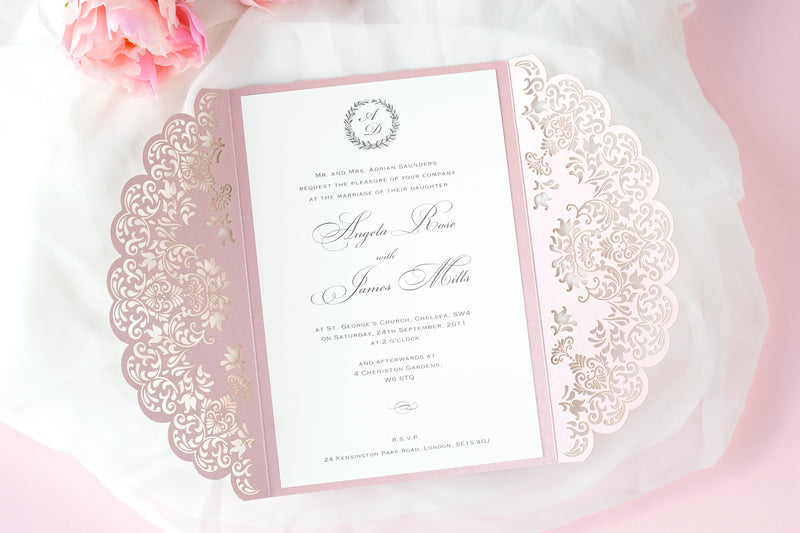 Stunning Personalised Laser Cut Pink Pearlised Wedding Day Invitations with Satin Ribbon & Pink Envelope - Full printing - Limited Edition