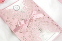 Stunning Personalised Laser Cut Pink Pearlised Wedding Day Invitations with Satin Ribbon & Pink Envelope - Full printing - Limited Edition