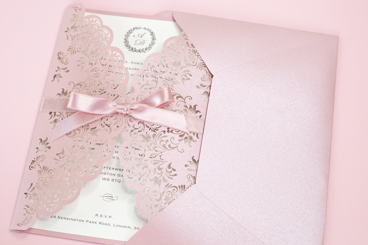 Stunning Personalised Laser Cut Pink Pearlised Wedding Day Invitations with Satin Ribbon & Pink Envelope - Full printing - Limited Edition