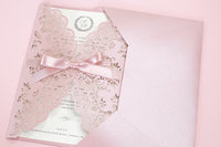 Stunning Personalised Laser Cut Pink Pearlised Wedding Day Invitations with Satin Ribbon & Pink Envelope - Full printing - Limited Edition