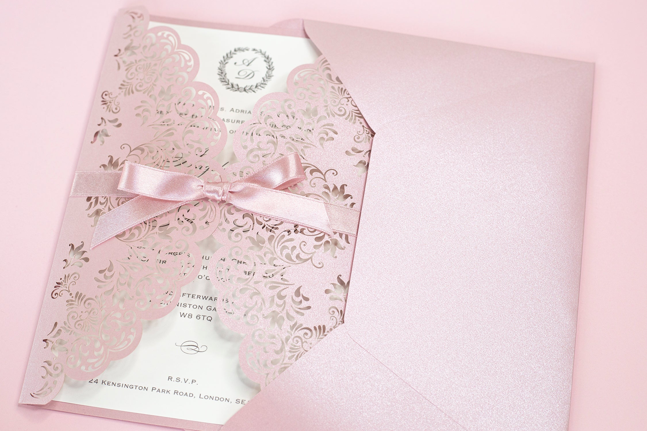 Stunning Personalised Laser Cut Pink Pearlised Wedding Day Invitations with Satin Ribbon & Pink Envelope - Full printing - Limited Edition