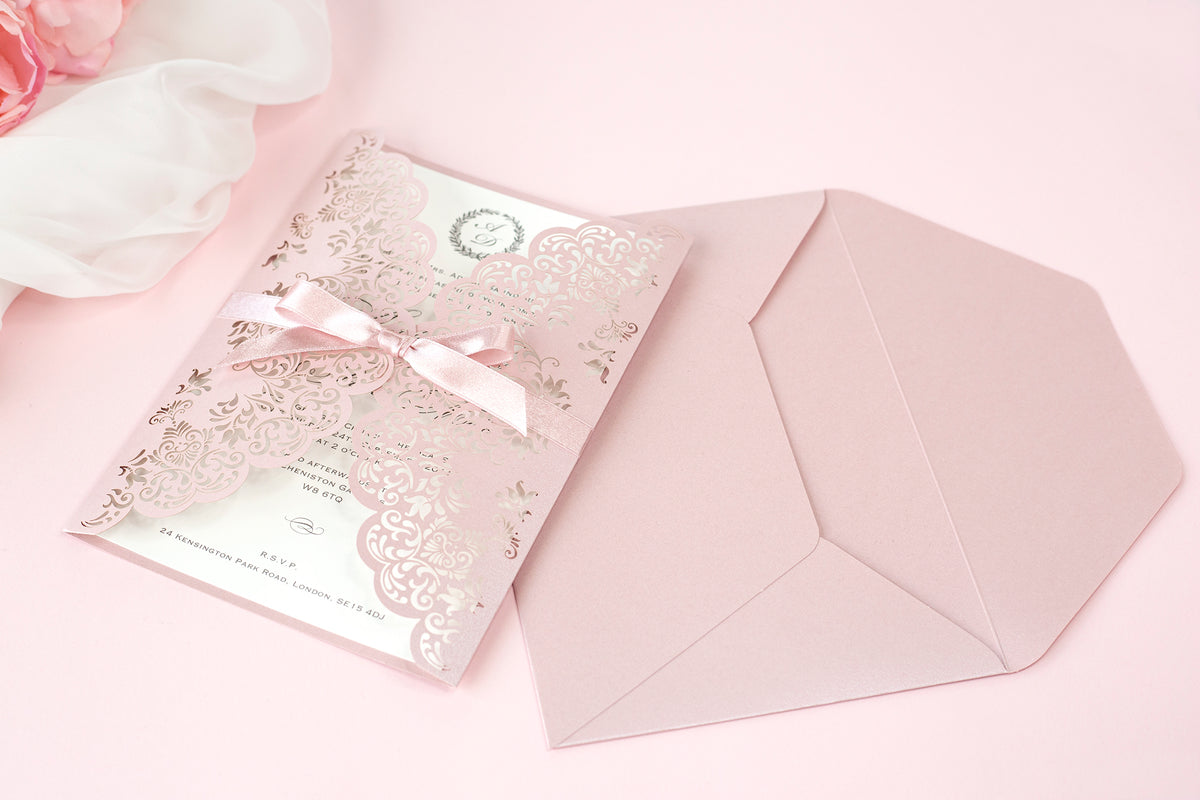 Stunning Personalised Laser Cut Pink Pearlised Wedding Day Invitations with Satin Ribbon & Pink Envelope - Full printing - Limited Edition