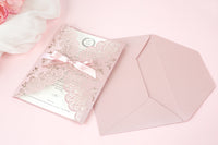 Stunning Personalised Laser Cut Pink Pearlised Wedding Day Invitations with Satin Ribbon & Pink Envelope - Full printing - Limited Edition
