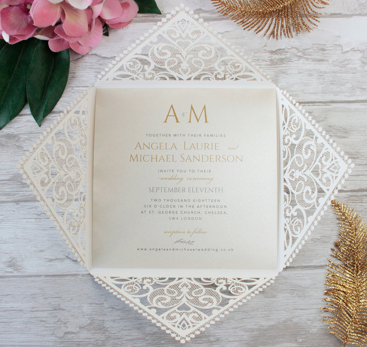 Cream Square Laser Cut Wedding Invitations with Cream Insert and Gold Glitter