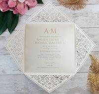Cream Square Laser Cut Wedding Invitations with Cream Insert and Gold Glitter