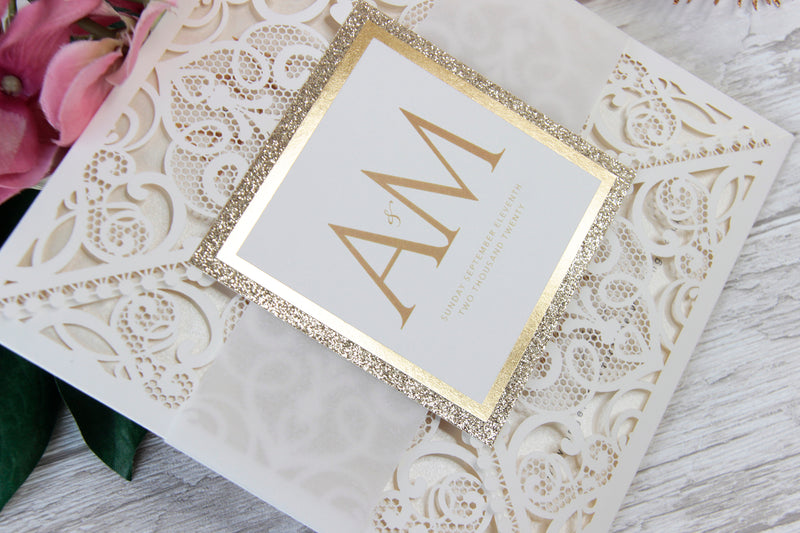 Cream Square Laser Cut Wedding Invitations with Cream Insert and Gold Glitter