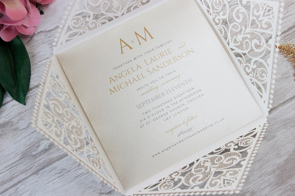 Cream Square Laser Cut Wedding Invitations with Cream Insert and Gold Glitter