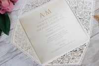 Cream Square Laser Cut Wedding Invitations with Cream Insert and Gold Glitter