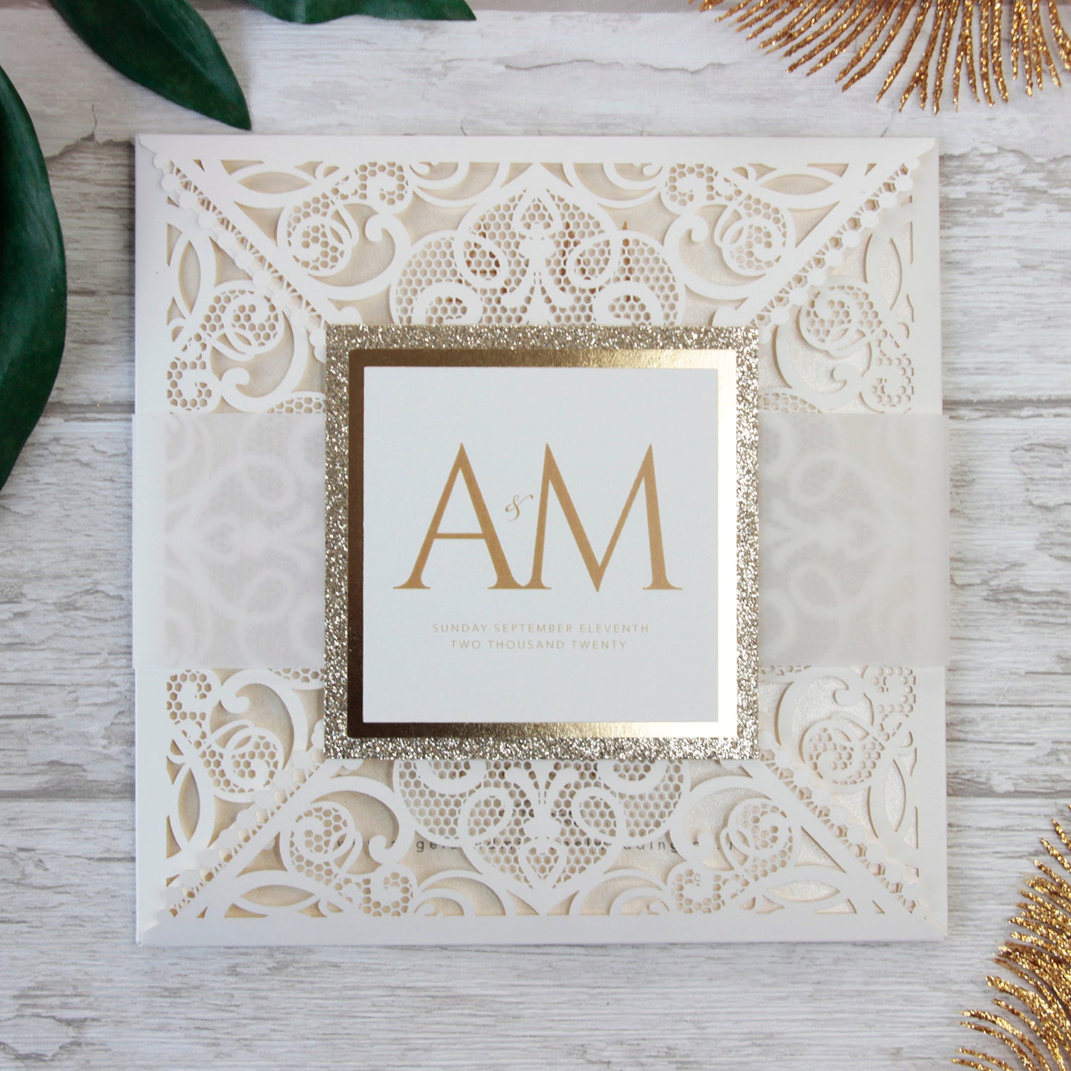 Cream Square Laser Cut Wedding Invitations with Cream Insert and Gold Glitter