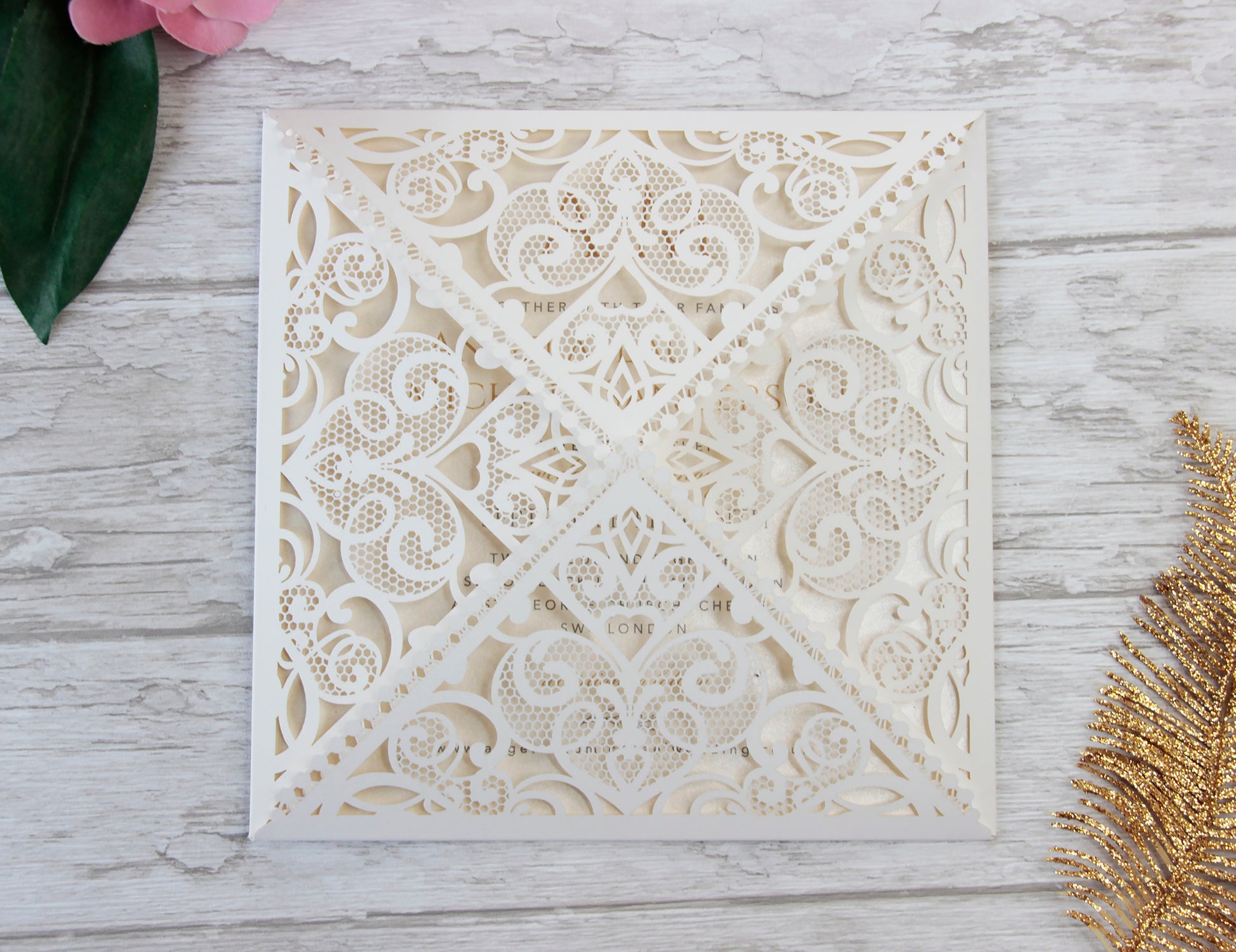 Cream Square Laser Cut Wedding Invitations with Cream Insert and Gold Glitter