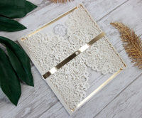 Cream Square Wedding Invitation Laser Cut Gatefold with Gold Foil Border