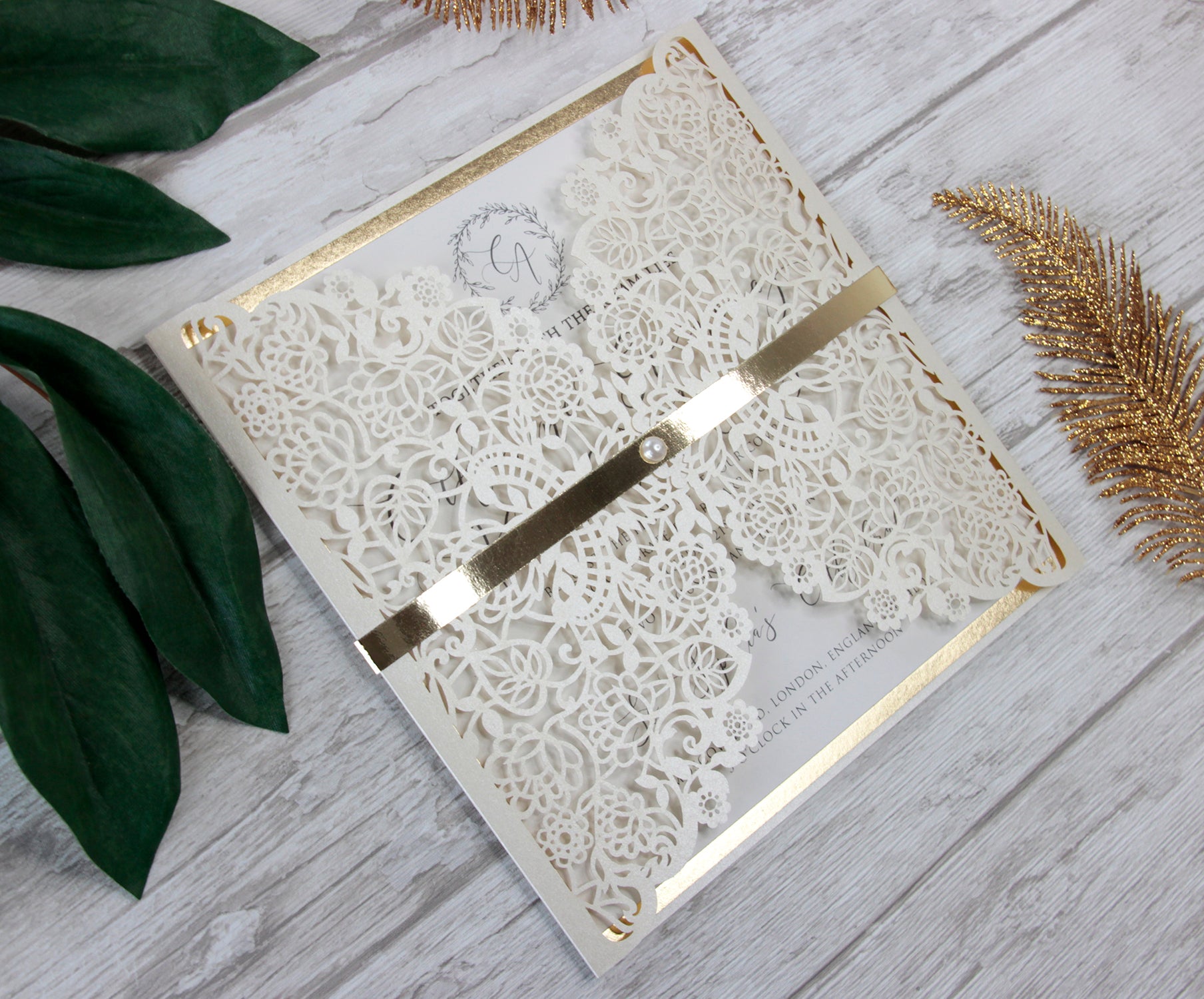 Cream Square Wedding Invitation Laser Cut Gatefold with Gold Foil Border