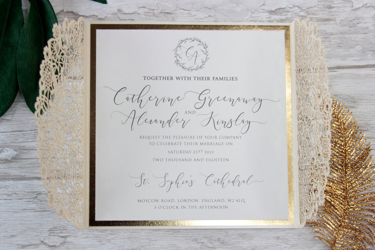 Cream Square Wedding Invitation Laser Cut Gatefold with Gold Foil Border