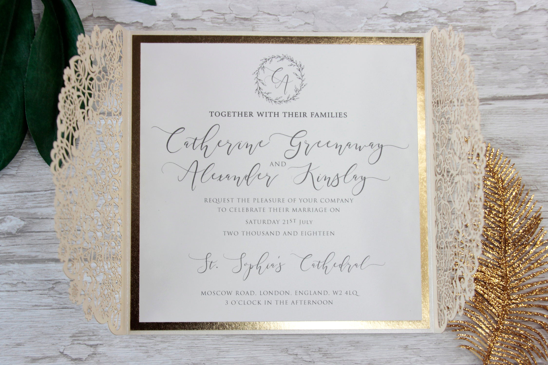 Cream Square Wedding Invitation Laser Cut Gatefold with Gold Foil Border