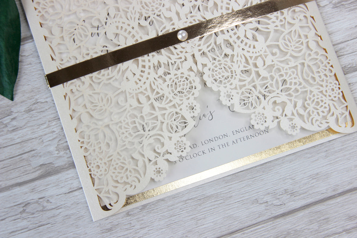 Cream Square Wedding Invitation Laser Cut Gatefold with Gold Foil Border